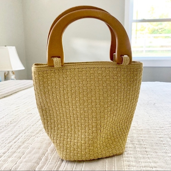 Talbots Woven Bucket Purse w/ Wooden Handles - Picture 1 of 12
